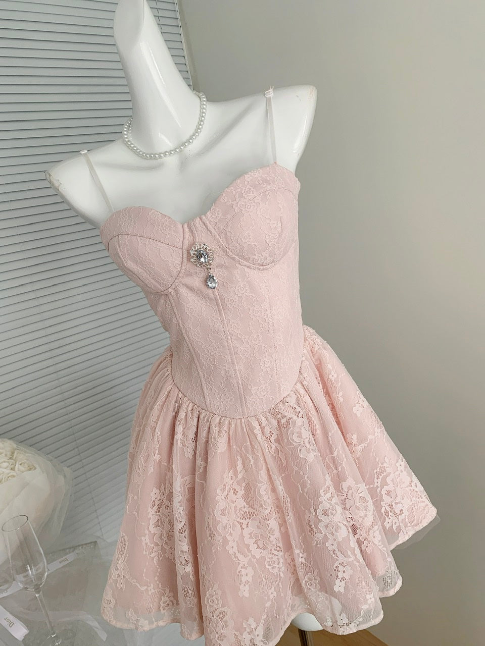 Sweet Pink Spaghetti Straps A-Line Lace Short Stunning Prom Dresses Birthday Party Dress RF0941