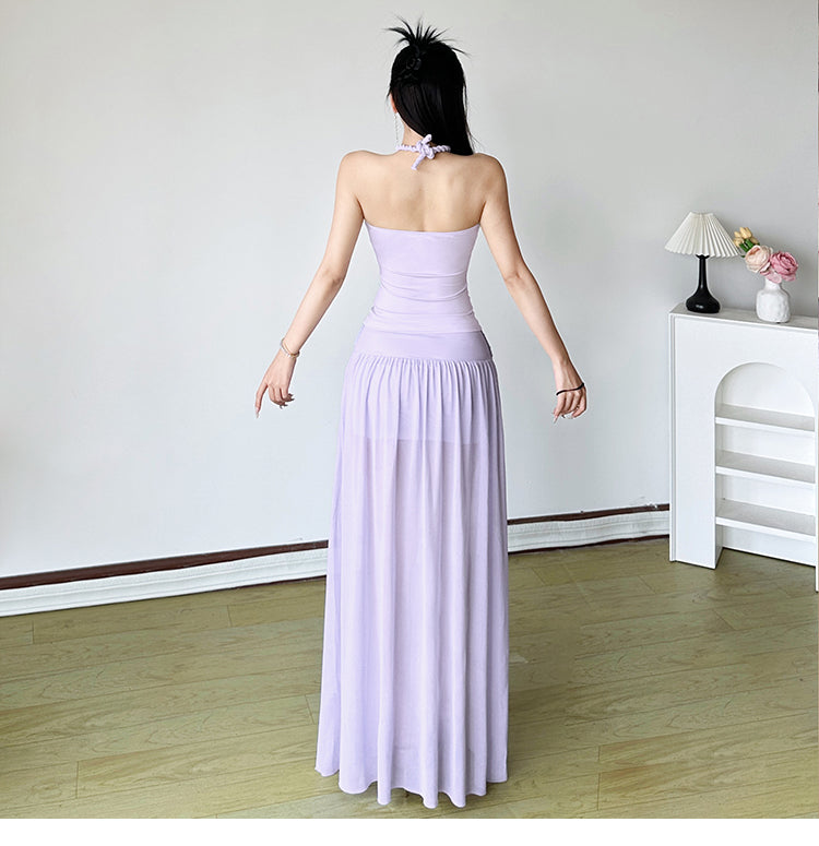 Elegant Purple Halter Neck Sheath Chiffon Two Piece Long Party Dress Simple Evening DressRF0946