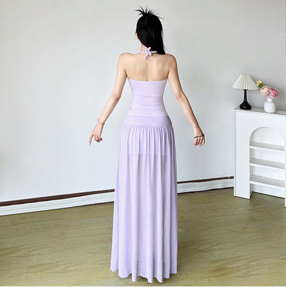 Elegant Purple Halter Neck Sheath Chiffon Two Piece Long Party Dress Simple Evening DressRF0946