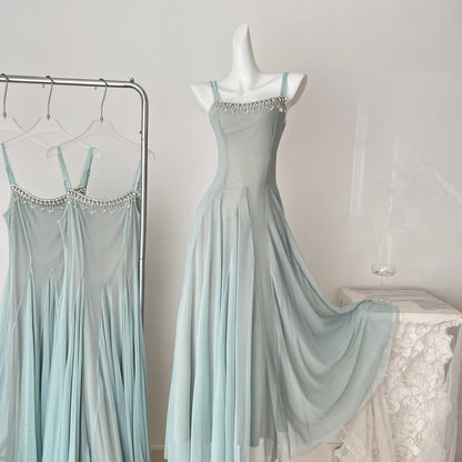 Sweet Green Spaghetti Strap A-Line Tulle Long Prom Dresses Fashion Evening Dress RF0947