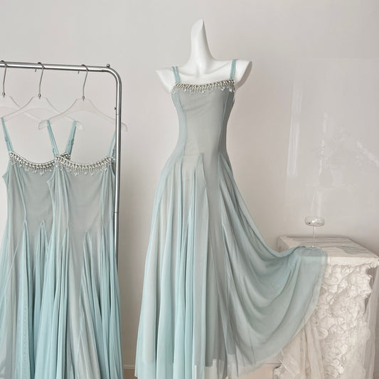 Sweet Green Spaghetti Strap A-Line Tulle Long Prom Dresses Fashion Evening Dress RF0947