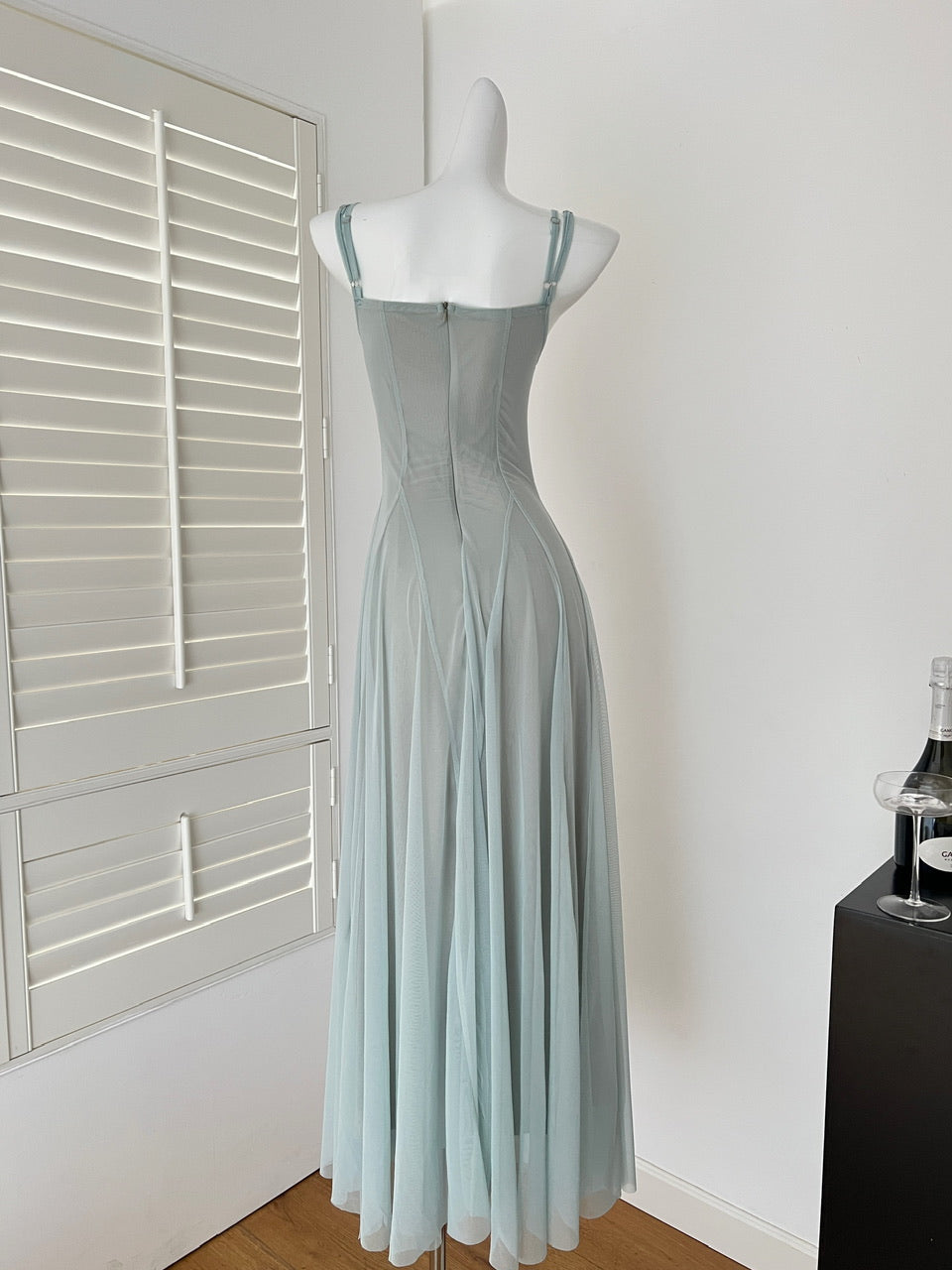 Sweet Green Spaghetti Strap A-Line Tulle Long Prom Dresses Fashion Evening Dress RF0947