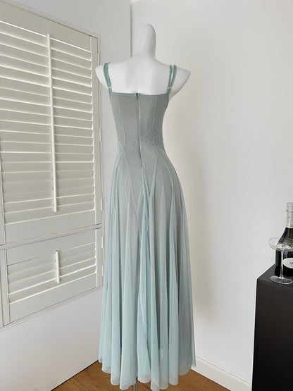 Sweet Green Spaghetti Strap A-Line Tulle Long Prom Dresses Fashion Evening Dress RF0947