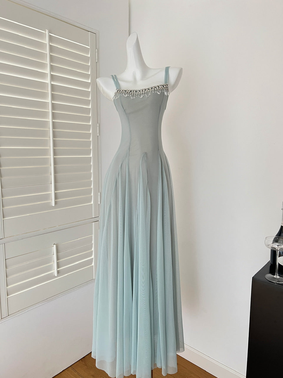 Sweet Green Spaghetti Strap A-Line Tulle Long Prom Dresses Fashion Evening Dress RF0947