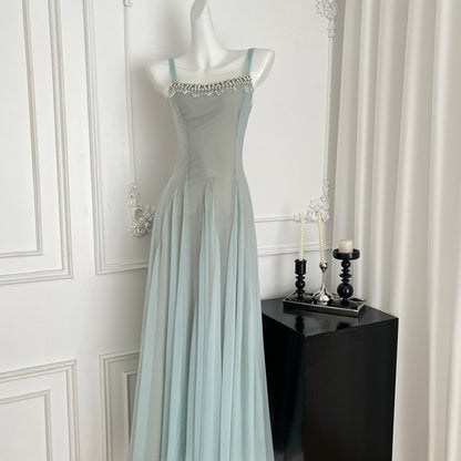 Sweet Green Spaghetti Strap A-Line Tulle Long Prom Dresses Fashion Evening Dress RF0947