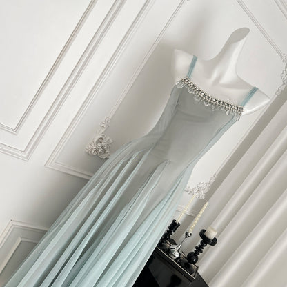 Sweet Green Spaghetti Strap A-Line Tulle Long Prom Dresses Fashion Evening Dress RF0947