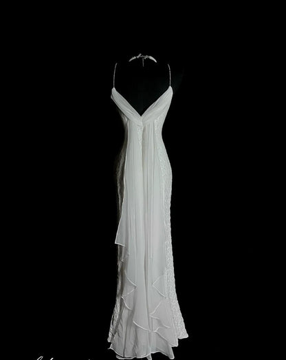Elegant White Spaghetti Strap Mermaid Lace Long Prom Dresses Vintage Formal Evening Dresses RF0950