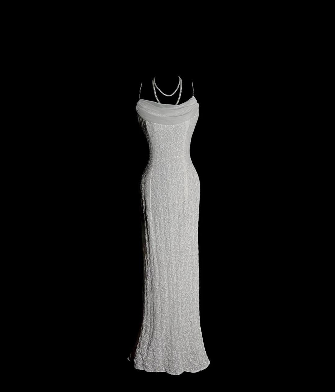 Elegant White Spaghetti Strap Mermaid Lace Long Prom Dresses Vintage Formal Evening Dresses RF0950