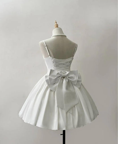Elegant White Spaghetti Strap A-Line Satin Short Wedding Dress RF0953