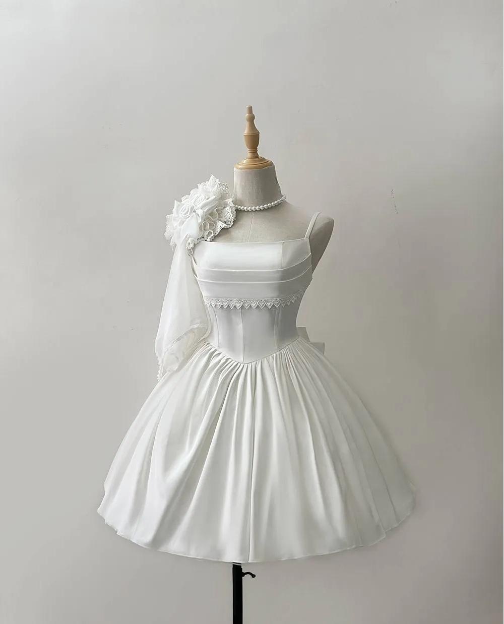 Elegant White Spaghetti Strap A-Line Satin Short Wedding Dress RF0953