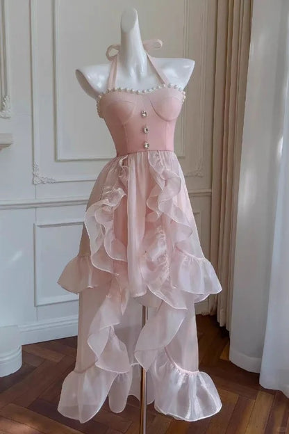Cute Pink Halter Neck Hi-Lo Tulle Birthday Prom Dresses Fashion Homecoming Dress RF0954