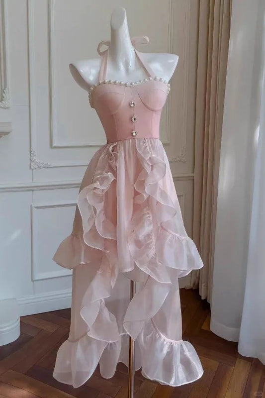 Cute Pink Halter Neck Hi-Lo Tulle Birthday Prom Dresses Fashion Homecoming Dress RF0954