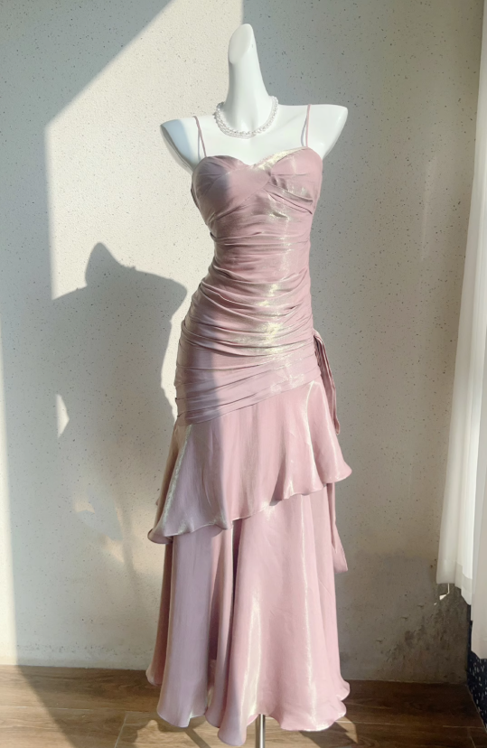 Fairytale Pink Spaghetti Straps A-Line Glitter Satin Long Prom Dresses Fashion Evening Dress RF0959