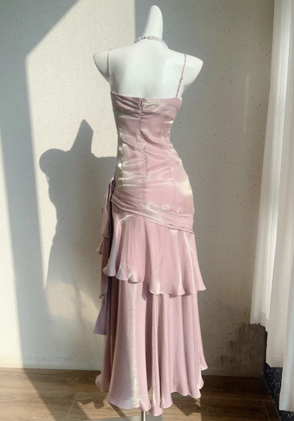 Fairytale Pink Spaghetti Straps A-Line Glitter Satin Long Prom Dresses Fashion Evening Dress RF0959