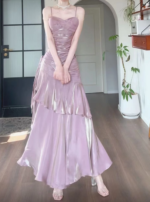 Fairytale Pink Spaghetti Straps A-Line Glitter Satin Long Prom Dresses Fashion Evening Dress RF0959