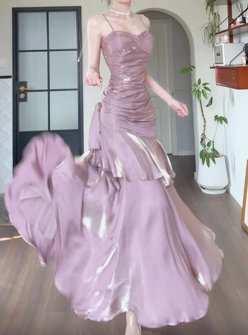 Fairytale Pink Spaghetti Straps A-Line Glitter Satin Long Prom Dresses Fashion Evening Dress RF0959