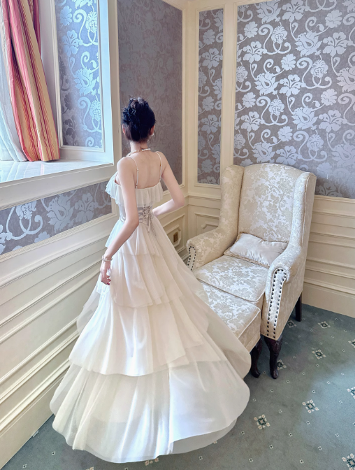 Chic Apricot Spaghetti Straps A-Line Tulle Long Prom Dresses Sweet 16 Dress RF0960