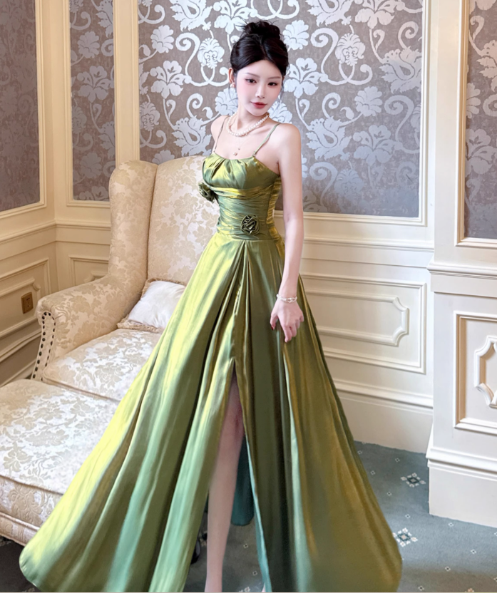 Gorgeous Green Spaghetti Straps A-Line Satin Long Prom Dresses Birthday Party Dresses RF0961