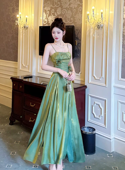 Gorgeous Green Spaghetti Straps A-Line Satin Long Prom Dresses Birthday Party Dresses RF0961
