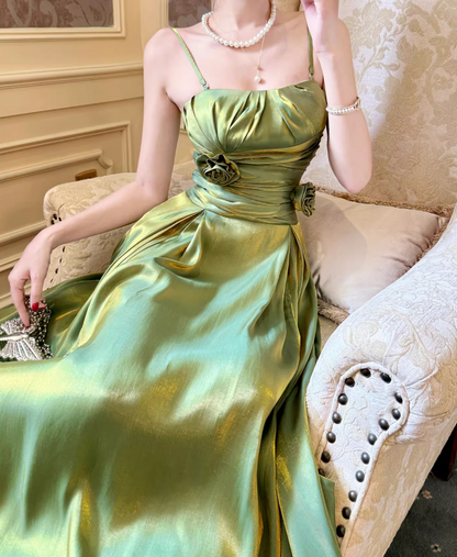 Gorgeous Green Spaghetti Straps A-Line Satin Long Prom Dresses Birthday Party Dresses RF0961
