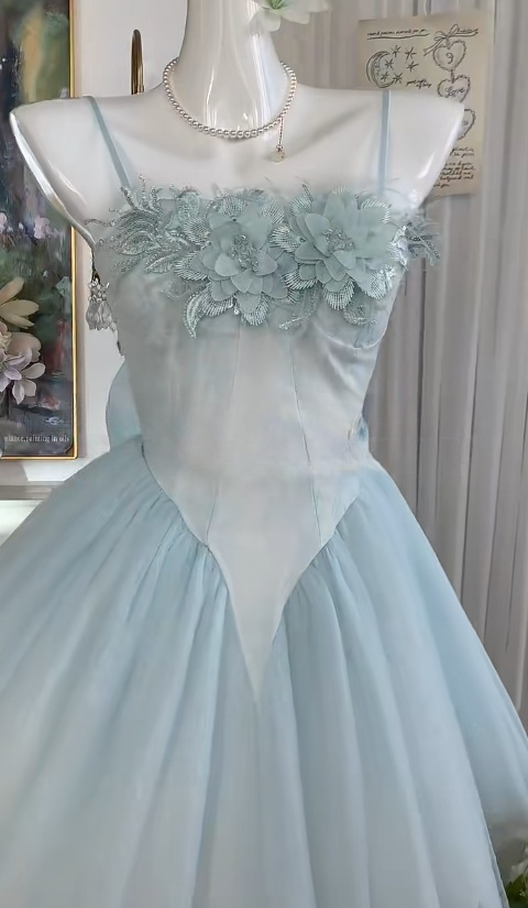 Fairytale Blue Spaghetti Straps A-Line Tulle Short Evening Dress with Appliques Sweet Homecoming Dress RF0962