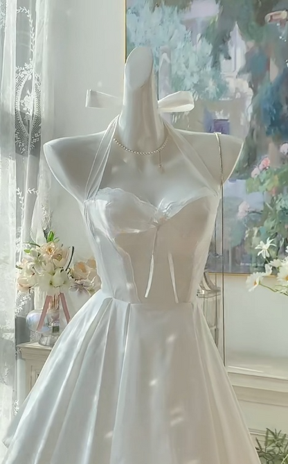 Simple White Halter A-Line Satin Short Birthday Party Dress RF0963