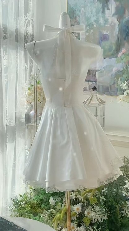Simple White Halter A-Line Satin Short Birthday Party Dress RF0963