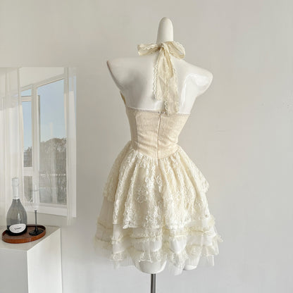 Sweet Apricot Halter Neck A-Line Lace Short Birthday Dress, Fashionable Homecoming Dress RF0964