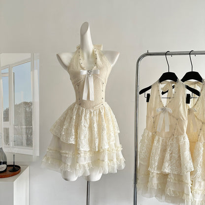 Sweet Apricot Halter Neck A-Line Lace Short Birthday Dress, Fashionable Homecoming Dress RF0964