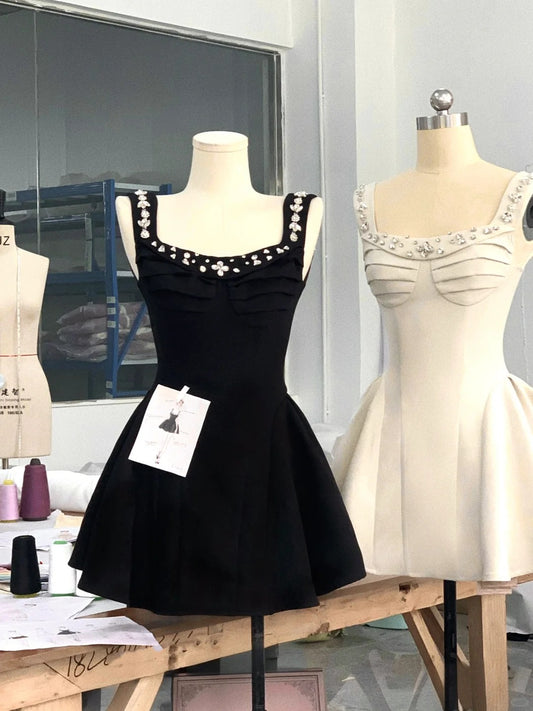 Fashion Black/Off-White Square Neck A-Line Short Birthday Party Dress Sweet Homecoming Dress RF0965