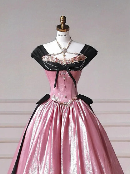 Fairytale Pink V-neck A-Line Satin Long Prom Dresses Sweet Wedding DressRF0969