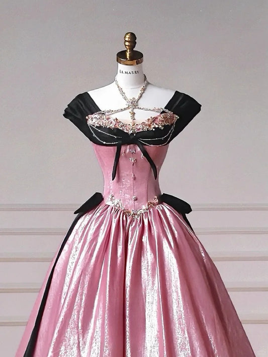 Fairytale Pink V-neck A-Line Satin Long Prom Dresses Sweet Wedding DressRF0969