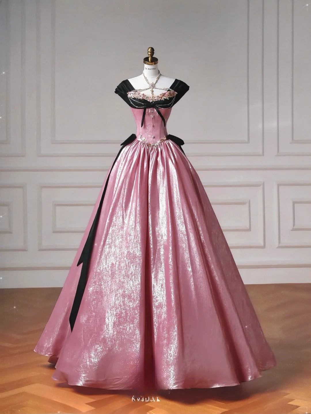 Fairytale Pink V-neck A-Line Satin Long Prom Dresses Sweet Wedding DressRF0969