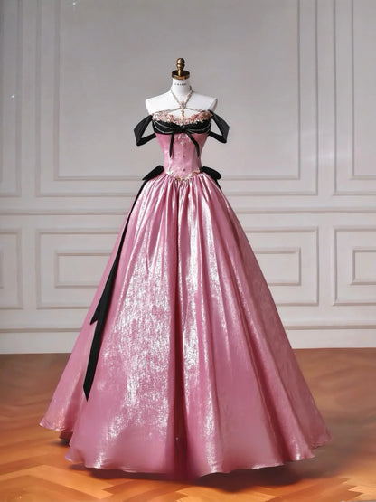 Fairytale Pink V-neck A-Line Satin Long Prom Dresses Sweet Wedding DressRF0969