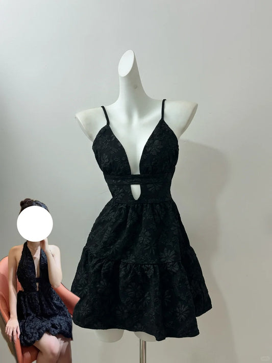 Fashion Black V-neck A-Line Jacquard Satin Short Pool Party Dress Birthday Dress RF0970