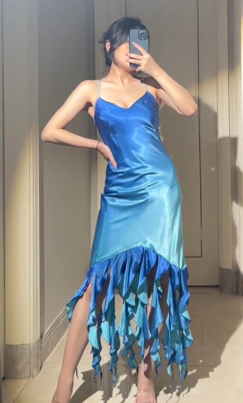 Vintage Gradient Blue Spaghetti Straps Sheath Satin Prom Dresses RF0972