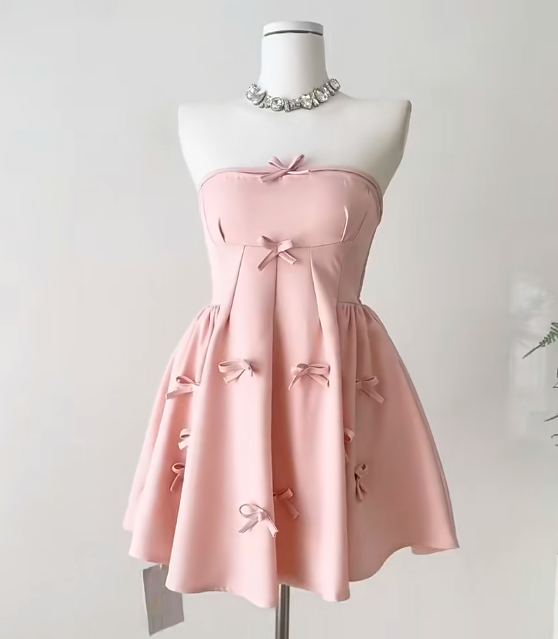 Gorgeous Pink Strapless A-Line Satin Short Birthday Party Dress with Bow RF0974