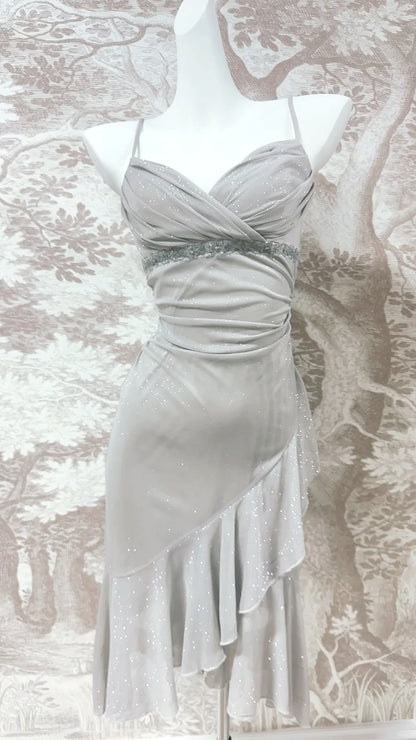 Stunning Silver Spaghetti Straps Sheath Glitter Chiffon Short Prom Dresses Pool Party Dress RF0975