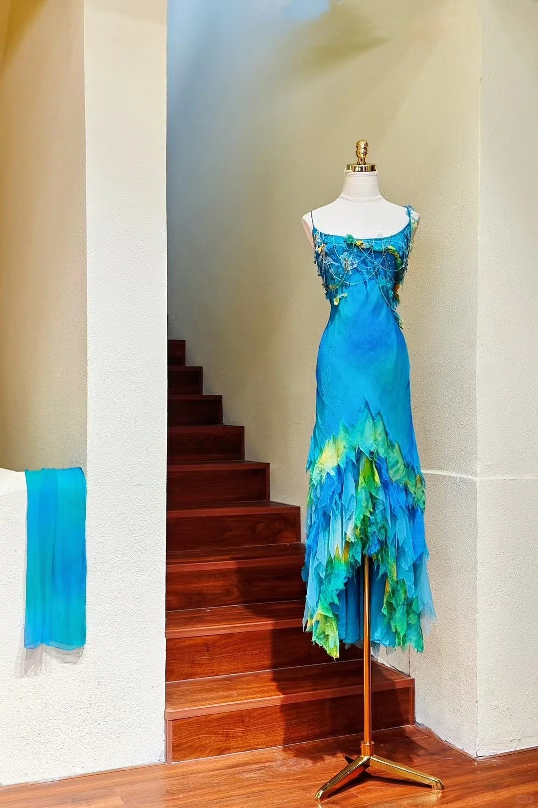 Vintage Blue Spaghetti Straps Sheath Chiffon Long Prom Dresses Glamour Evening Dress RF0978