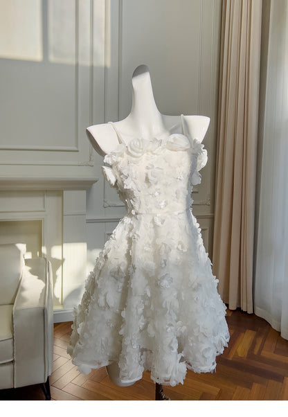 Elegant Spaghetti Strap A-Line Tulle Short Wedding Dress, White Homecoming Dress with Applique RF0980