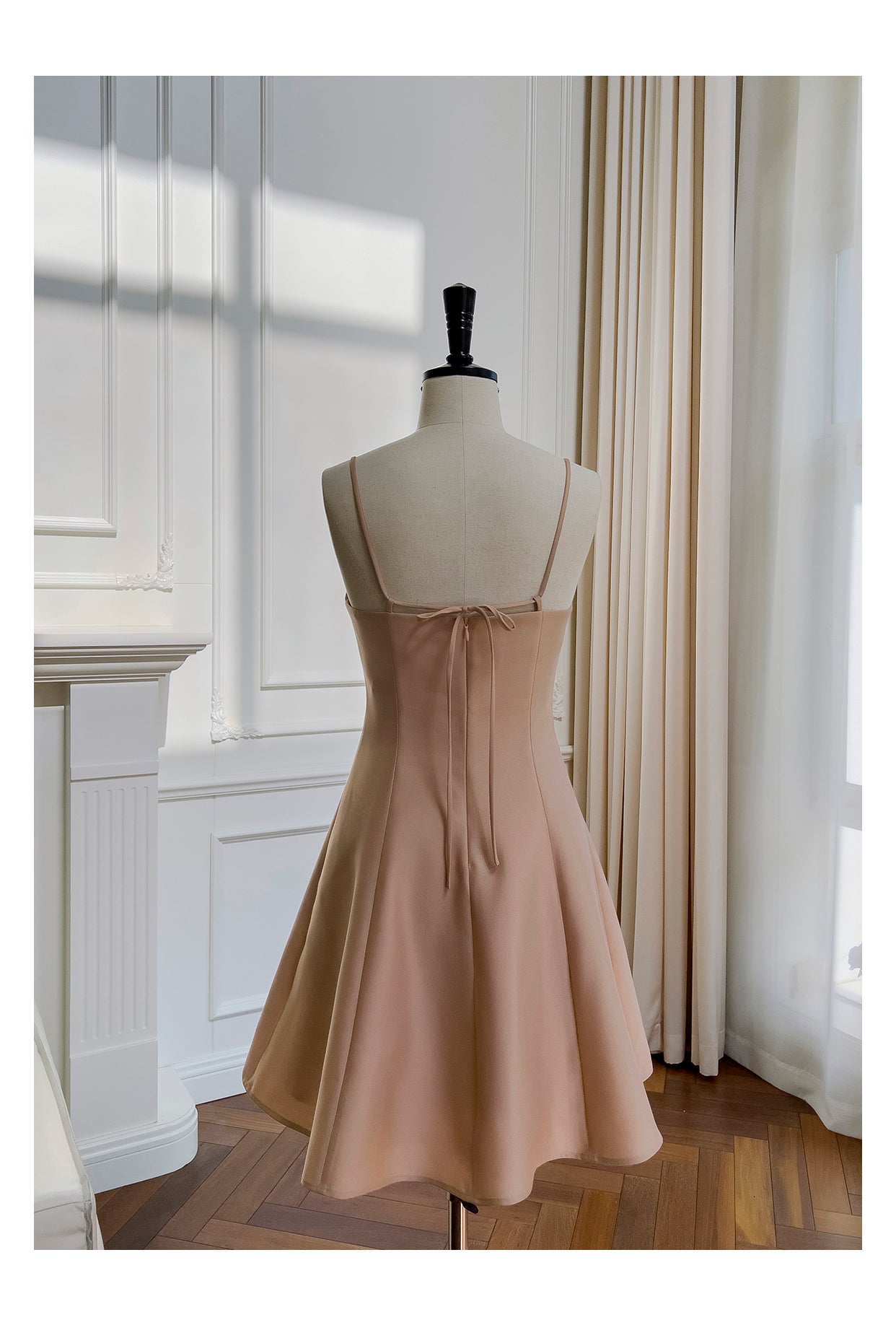 Vintage A-Line Spaghetti Strap Satin Short Homecoming Dress, Tan Sexy Birthday Dress RF0981