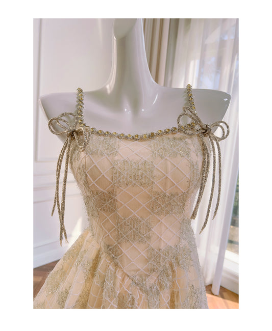 Gorgeous Spaghetti Strap A-Line Tulle Beaded Short Homecoming Dress, Champagne Sweet 16 Dress RF0982