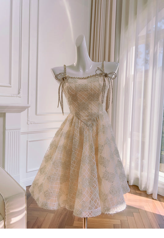 Gorgeous Spaghetti Strap A-Line Tulle Beaded Short Homecoming Dress, Champagne Sweet 16 Dress RF0982