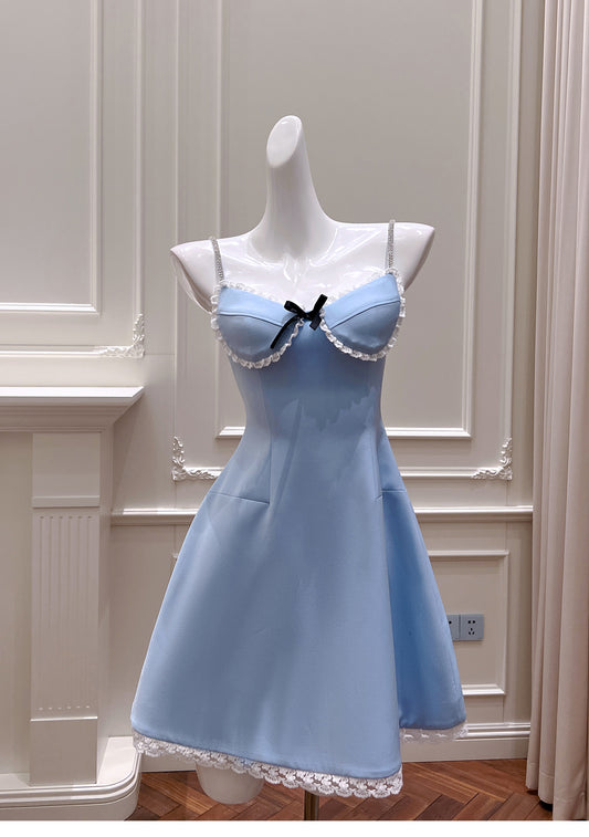 Sweet Blue A-Line Satin Spaghetti Strap Short Homecoming Dress, Casual Evening Dress with Lace RF0983
