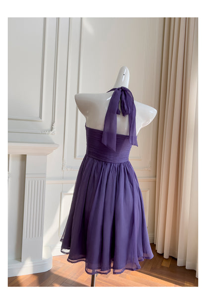 Fashion Purple A-Line Halter Short Chiffon Party Dress, Casual Evening Dress RF0985