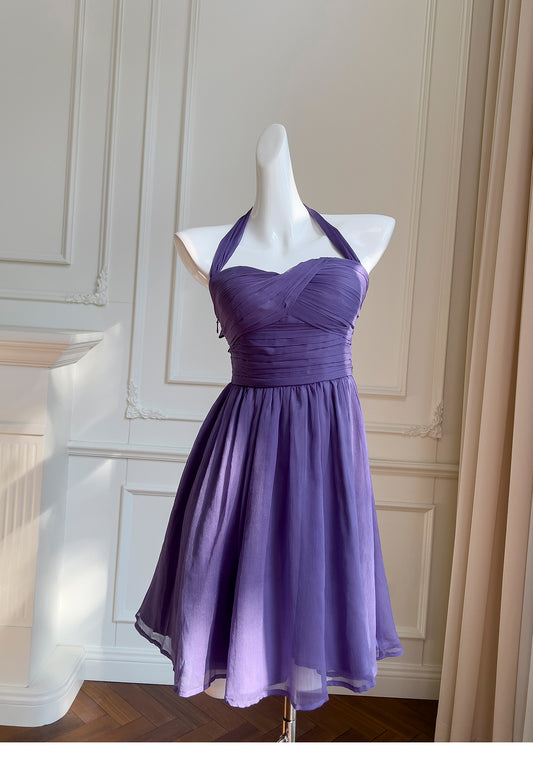 Fashion Purple A-Line Halter Short Chiffon Party Dress, Casual Evening Dress RF0985