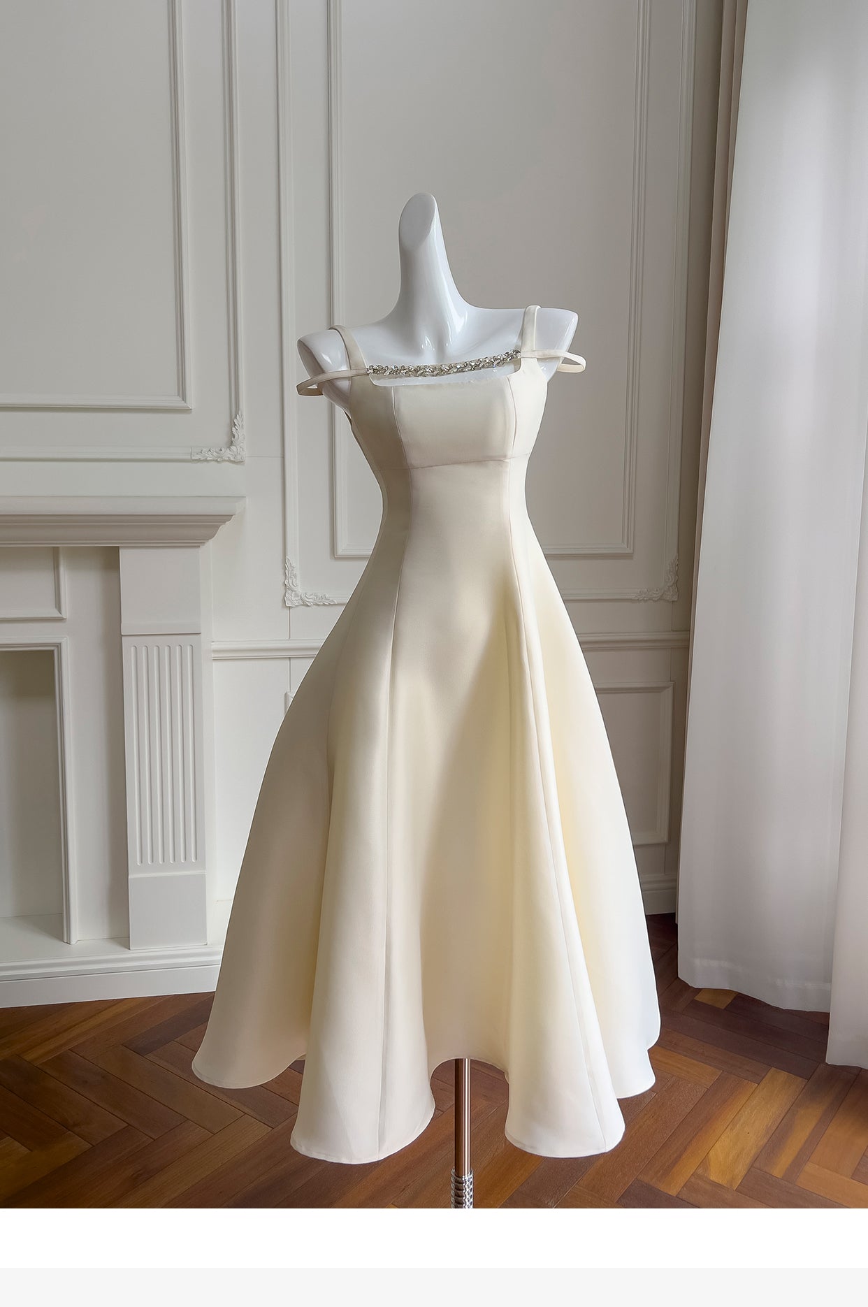 Chic A-Line Square Neck Satin Short Homecoming Dresses, Off-White Graduation Dress RF0986