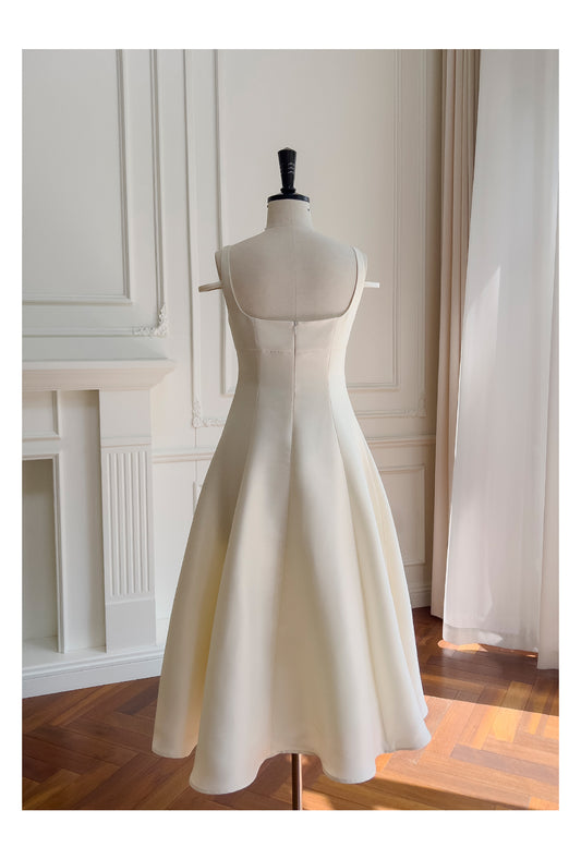 Chic A-Line Square Neck Satin Short Homecoming Dresses, Off-White Graduation Dress RF0986
