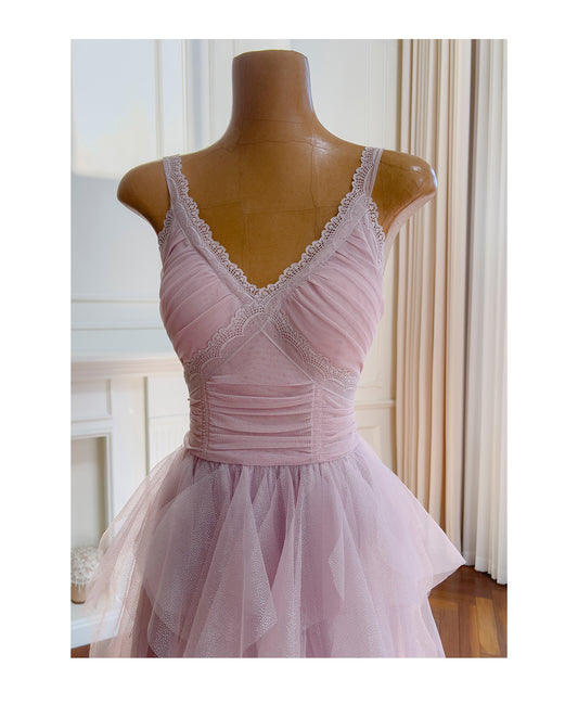 Sweet Light Purple V-Neck Lace Tulle Short Prom Dresses Sparkling Birthday Dress RF0987