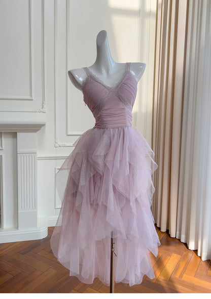 Sweet Light Purple V-Neck Lace Tulle Short Prom Dresses Sparkling Birthday Dress RF0987